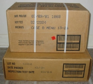 Date codes on cases of U.S. MREs (Meals, Ready to Eat).