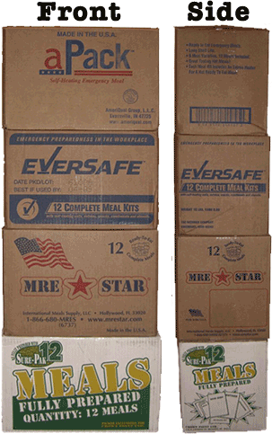 Front/Side of Ameriqual, EverSafe, MREStar and SurePak Cases