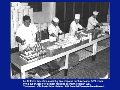 B 29 in flight meals being prepared during the Korean war, Japan.