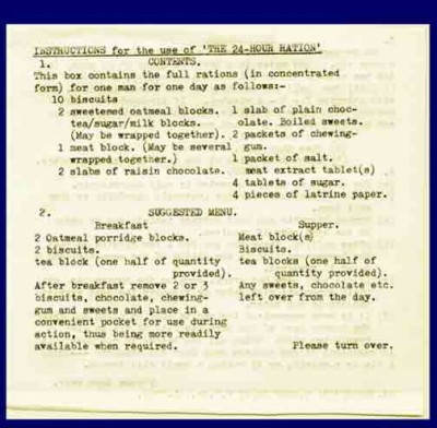 24 hr ration.jpg (42.88 KiB) Viewed 9864 times British WW2 24 hour ration contents and suggested use.