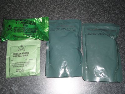 The CR1M contains two main meals, a midday snack and other sundry's<br />Main meals: Sausages and vegetables and Minced Beef with Tortellini.<br />Beef flavored noodles and low salt Chicken soup