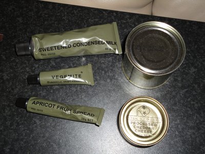 Food of the gods: Vegemite<br />Camper soldier and Hikers godsend: Sweetened Condensed milk<br />Apricot fruit spread<br />Large Can: Two fruits (If childhood memories are correct usually Peaches and Pears in syrup)<br />Small can: Processed Cheese (have heard some bad stories about this cheese)
