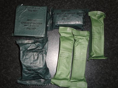 Crackers, Scotch Finger biscuit (short bread, great with tea), Shewsbury Jam Sandwich?, 2x ANZAC Muesli bars and 1x Tropical Fruits Muesli bar