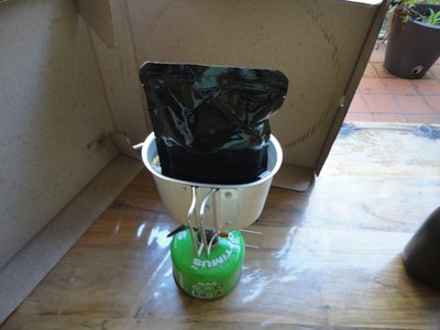 Following the instruction sheet on the back of the menu (mostly hot food tastes better and never share your beer ration)<br />I boil the bag for around 10 mins in my canteen cup