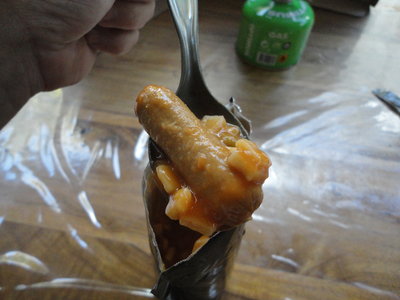 Taste Test:<br />Overall good. Unidentifiable white stuff turns out to be potato. All veggies are firm. sausages are good, similar to sausages in Baked Beans and sausages tins. According to the ingredients sheet are made from Beef and Lamb