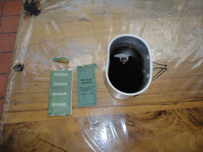 Again following the instruction sheet. I use the boiled water for a beverage. I try the instant coffee. Tastes like all instant coffee.... sh*t, remarkably better with a good squeeze of condensed milk