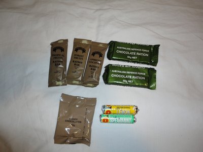 DSC00622.JPG (398.63 KiB) Viewed 7983 times Two chocolate rations :-), Chocolate candy (apparently the ADF have to camoflage M &M's as well now?) Muesli bars x3 (cunningly called ration bars to confused slow witted enemy) and 2x hard candy lemon/ tangerine and spearmint (thank f#ck not musk again, trying to explain to all you guys what musk tastes like :roll: )
