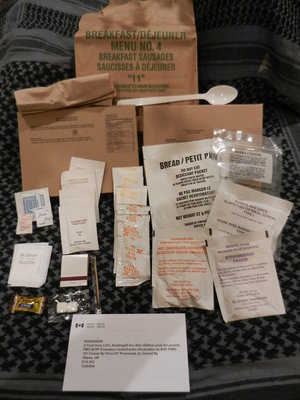 3.JPG (695.67 KiB) Viewed 8997 times Breakfast Sausages, Pears, Bread, Raisin Spice Oatmeal, Strawberry Drink, Hot Chocolaet, Honey x2, Mustard x2, Coffee x2, Whitener x2, Sugar x2, Moist Towelette, Salt, Pepper, Toothpick, Matches, Werthers Original Coffee Flavor, Gum, Napkin, Feedback Card, Spoon, Beverage Bag