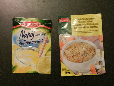 Lemon Drink Mix &amp; Salty Soup Mix. My buddy Jamin had this soup mix - I'll upload photos of that set soon it's on my other camera and I have a whole mess of photo sets accumulating on that one. I'll say this - he added 6 oz to that soup mix and said it was still very salty. I had the lemon drink mix - it was very acidic and with flavorful sweet citrus tones.. not sure if I managed to get photos of that we'll see if I have them.