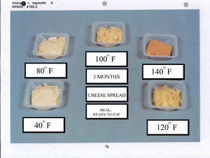 Time and temperature test for MRE cheese spread after 3 months.