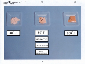 Time and temperature test for MRE cheese spread after 36 months.