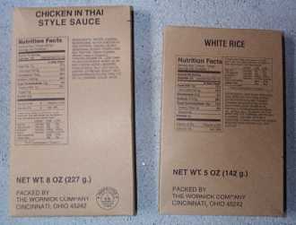 1999 MRE Menu # 16 - Chicken w/ Thai Sauce - entree and side dish of white rice