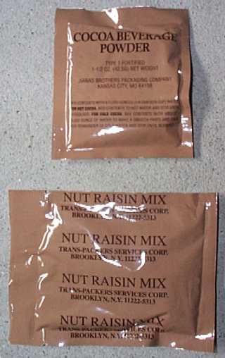 1999 MRE Menu # 16 - Chicken w/ Thai Sauce - cocoa powder beverage and nut raisin mix
