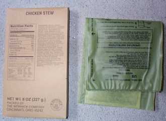 1999 MRE Menu #21 - Chicken Stew, main entree and flameless ration heater